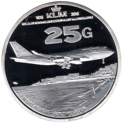 Синт-Мартен 25 гульденов 2017 «Boeing 747 над пляжем Махо, 100 лет KLM», медно-никелевый сплав с посеребрением, Proof