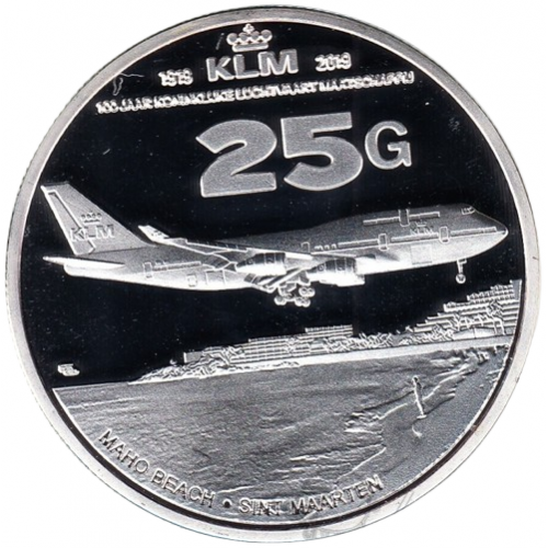 Синт-Мартен 25 гульденов 2017 «Boeing 747 над пляжем Махо, 100 лет KLM», медно-никелевый сплав с посеребрением, Proof